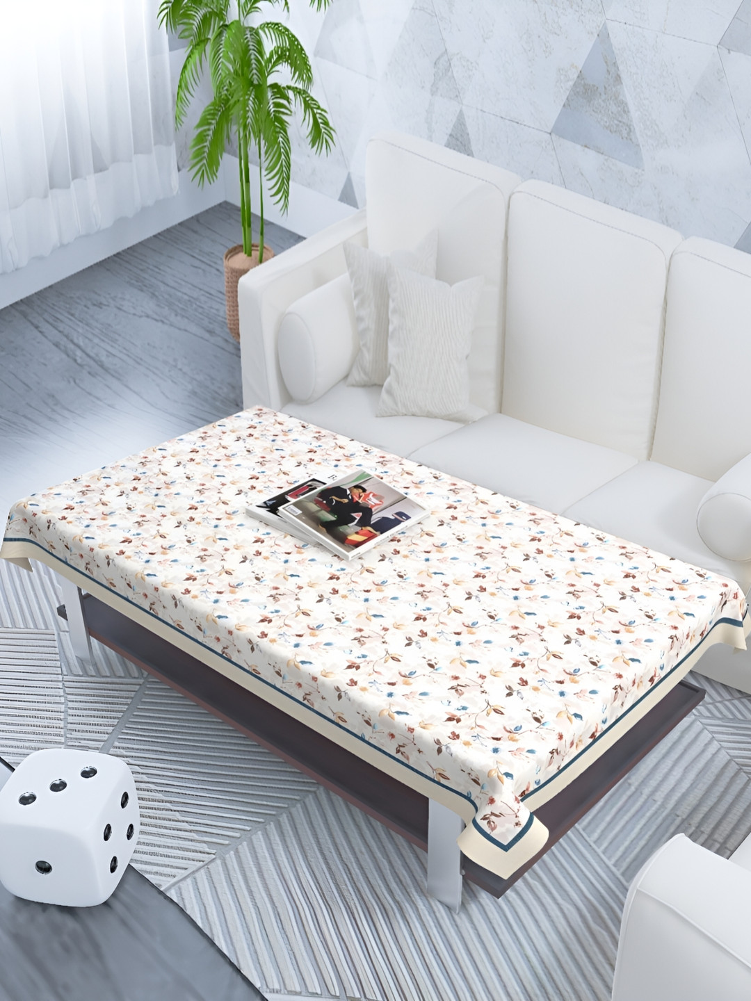 MONKDECOR White Floral Cotton 2-Seater Table Cover with Textured details
