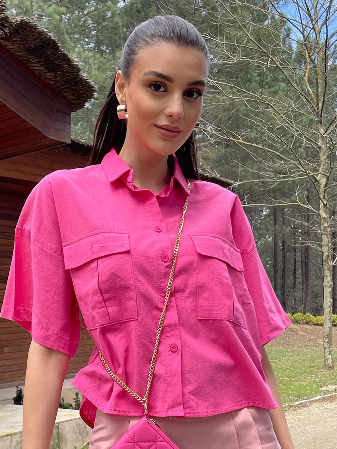 Trend Alacati stili Spread Collar Short Sleeves Cotton Casual Shirt