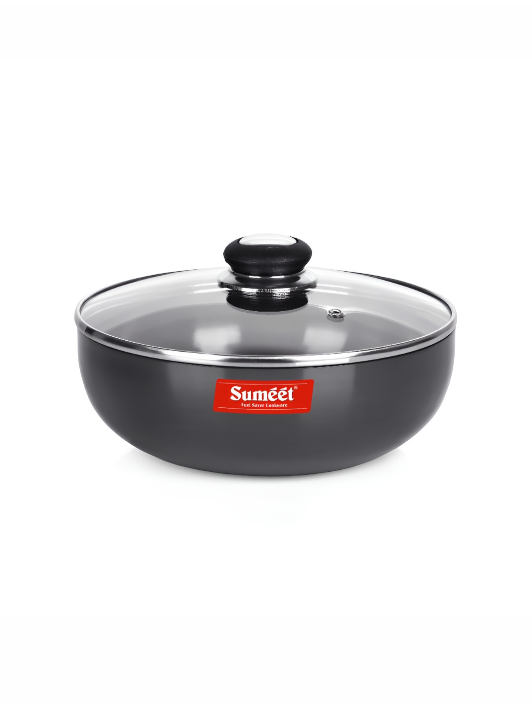 Sumeet Black Aluminium Tasla with Glass Lid