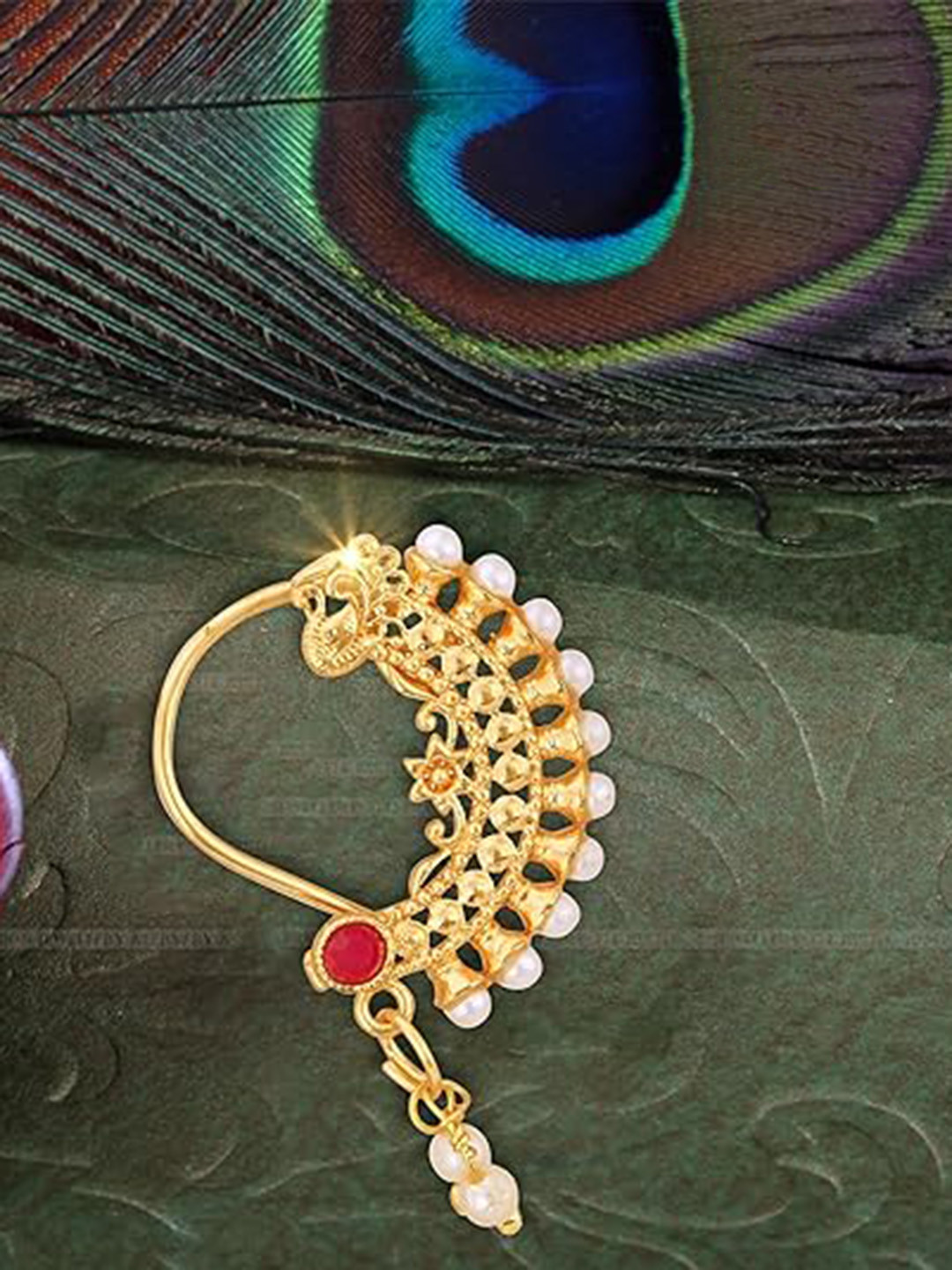 Vighnaharta Gold-Plated Artificial Beads Stud Nosepin