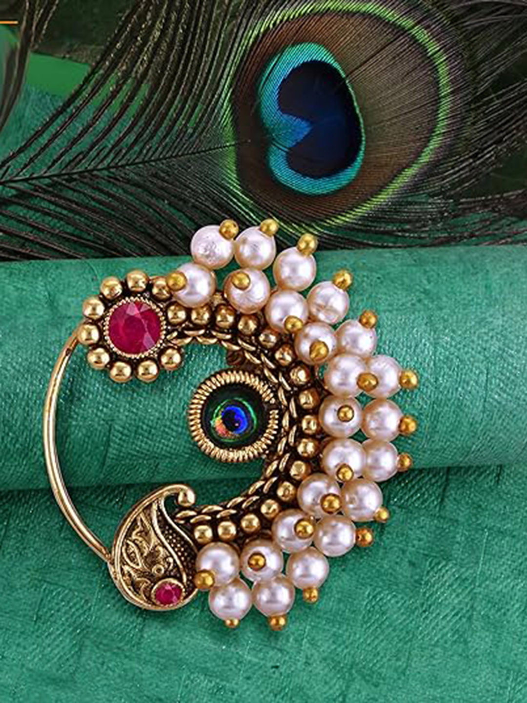 Vighnaharta Gold-Plated Pearls Stud Nosepin