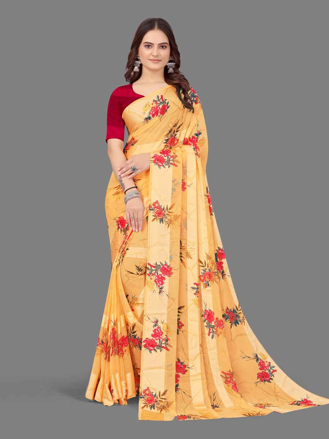 SANJANA  SILK Floral Printed Satin Saree