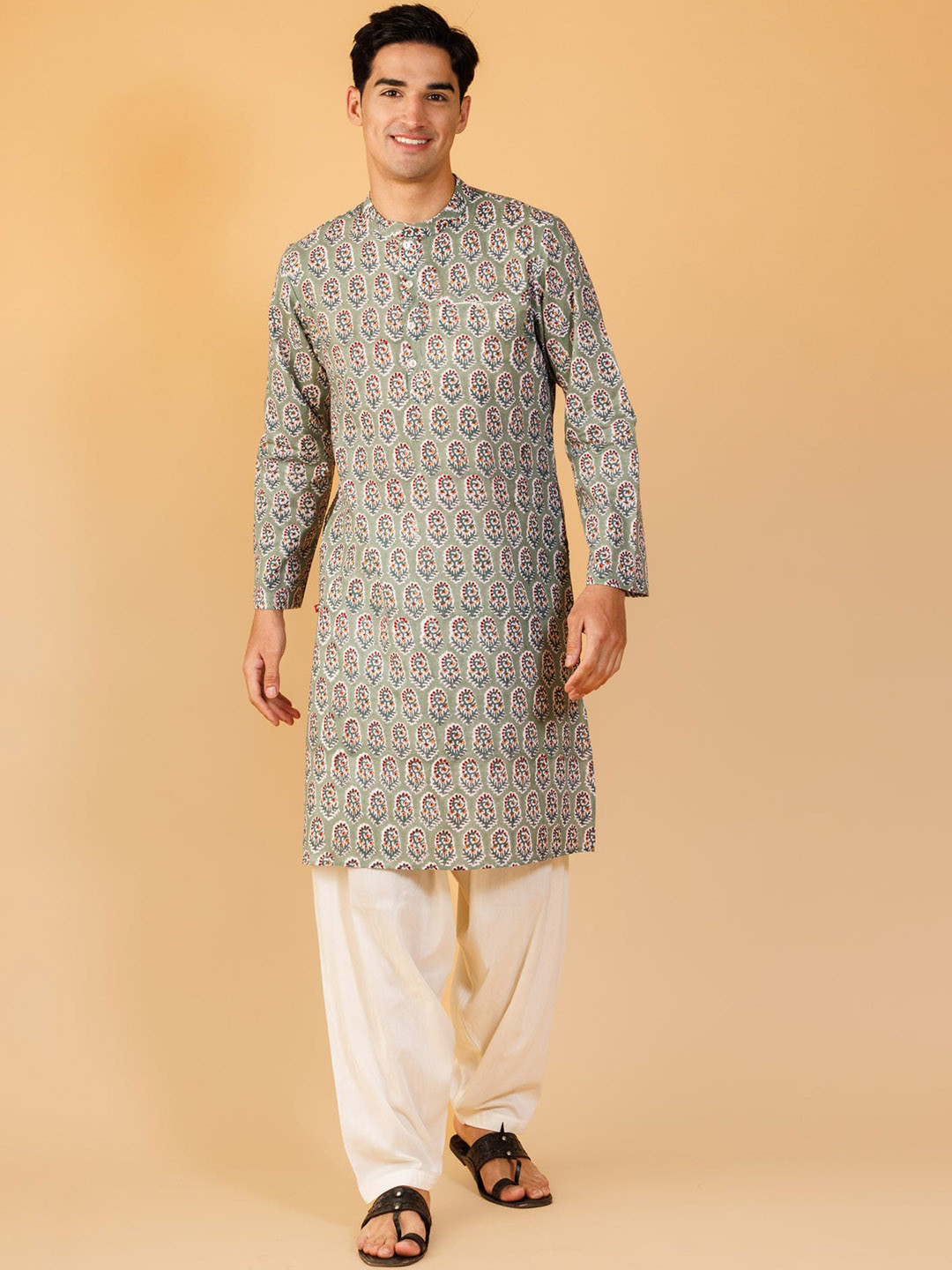 Tilohri Ethnic Motifs Printed Mandarin Collar Pure Cotton Straight Kurta
