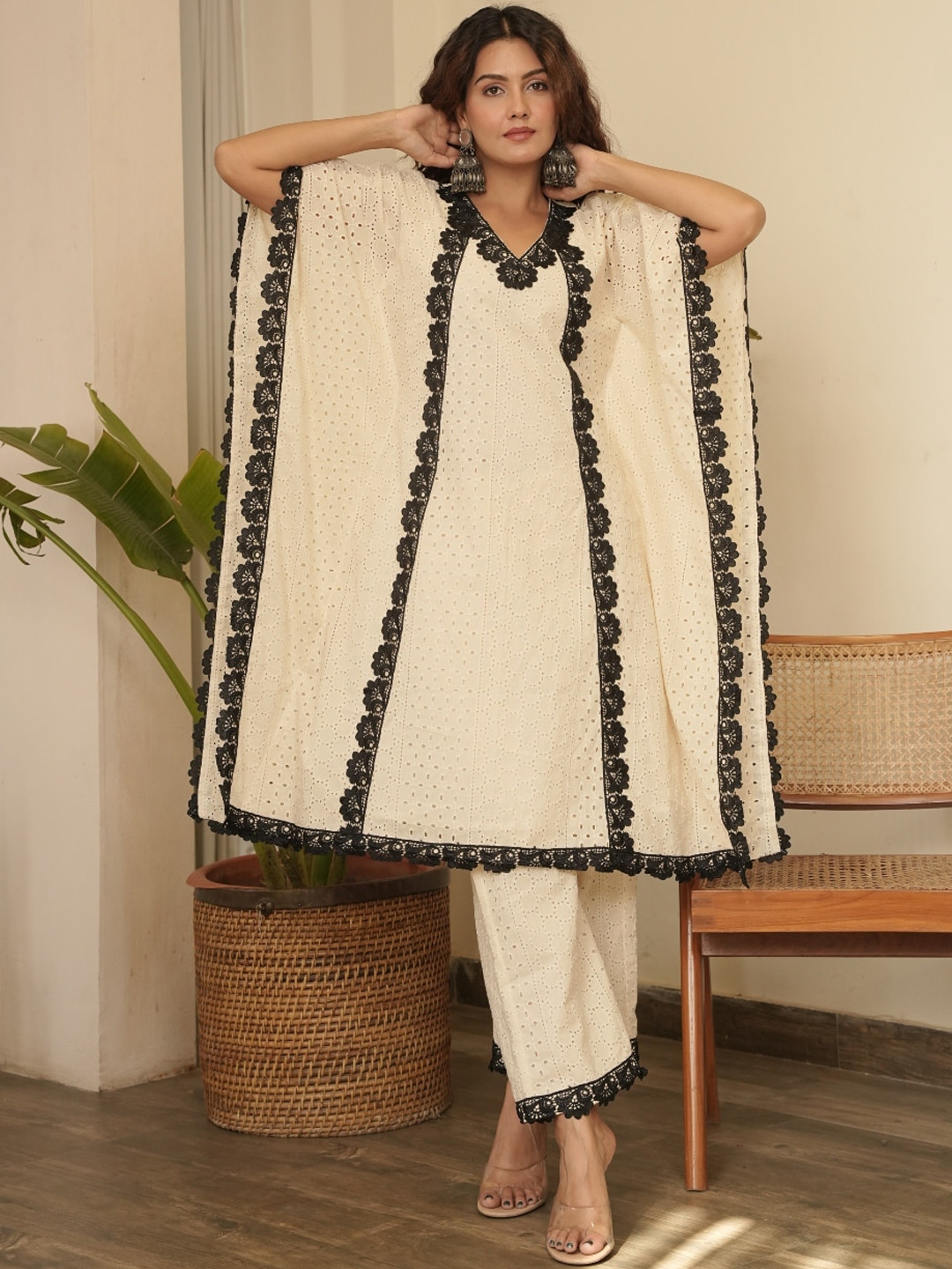 OneWe Safeda Schiffli Self Design Pure Cotton Kaftan Kurta & Trousers With Lace Detail