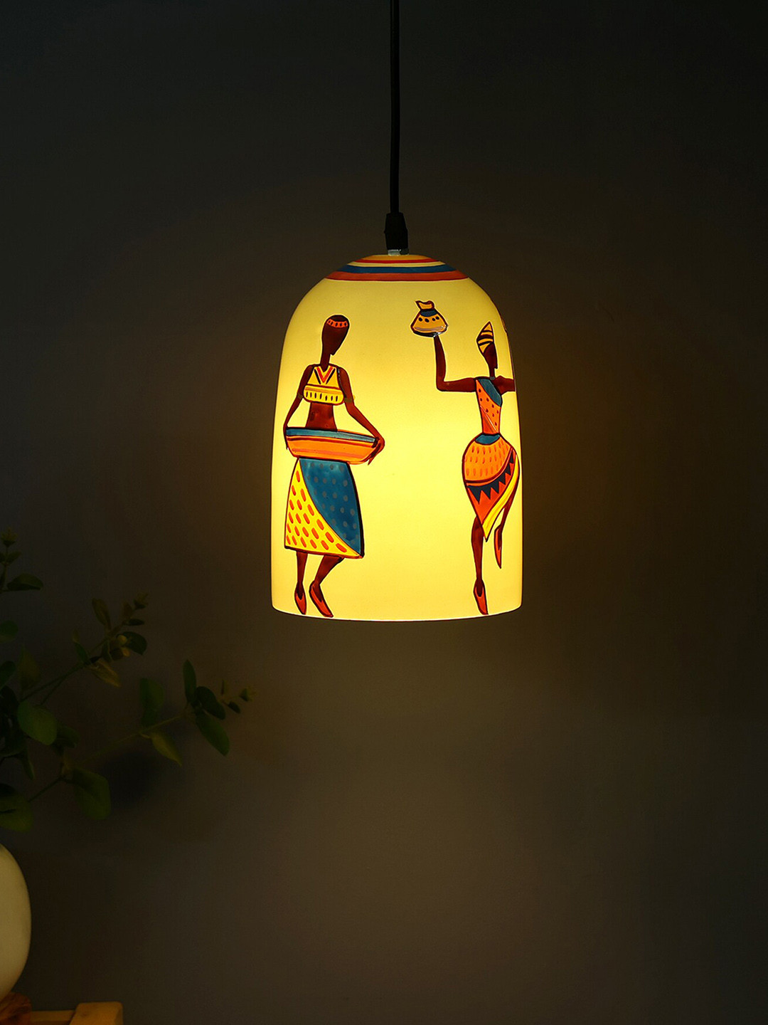 POSH-N-PLUSH Off White & Red Folk Vibes Glass Hand Painted Hanging Lamp