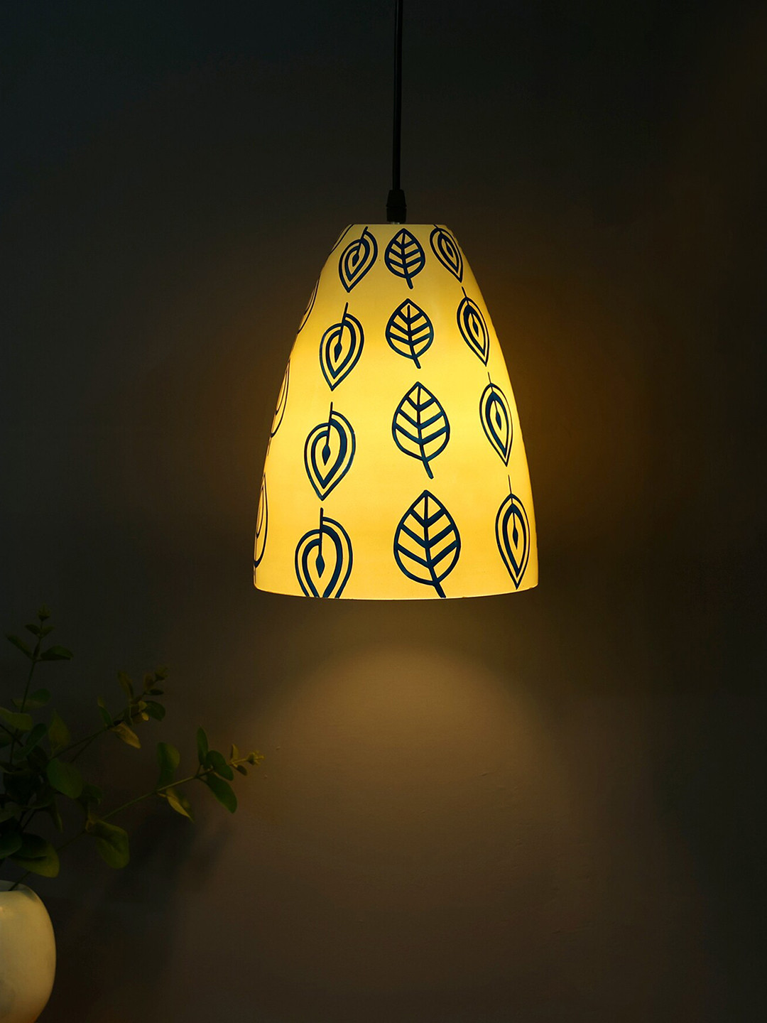 POSH-N-PLUSH White & Blue Modern Glass Hand Painted Hanging Lamp