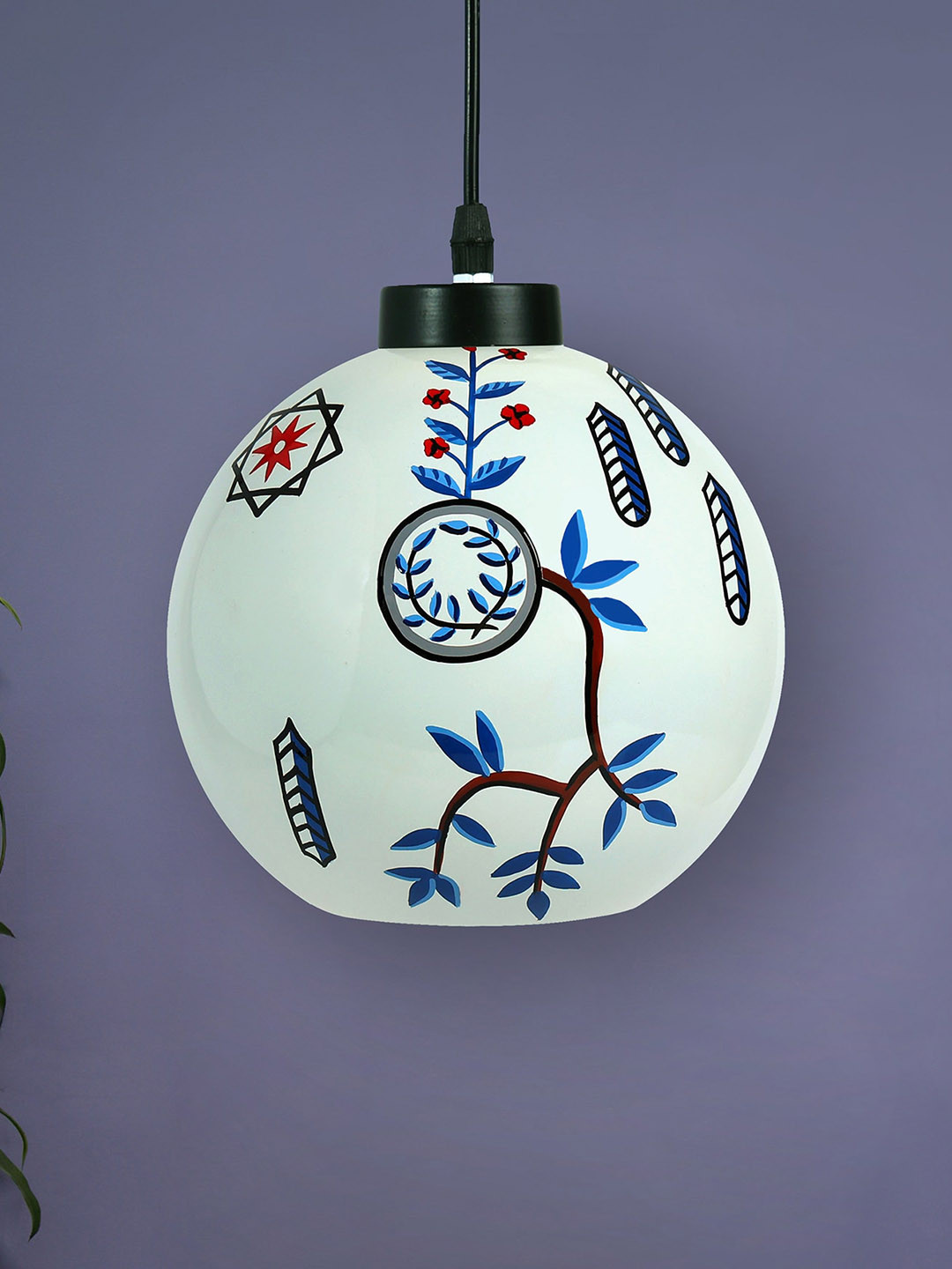 POSH-N-PLUSH White & Blue Contemporary Glass Hand Painted Hanging Lamp
