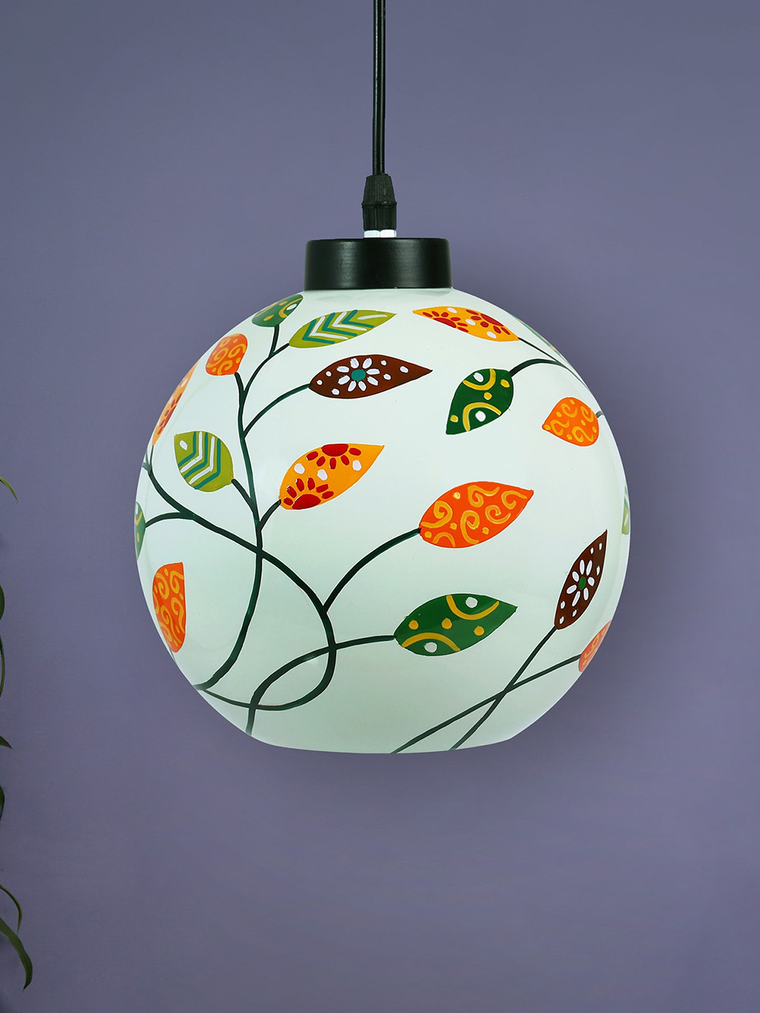 POSH-N-PLUSH White & Green Floral Glass Hand Painted Hanging Lamp