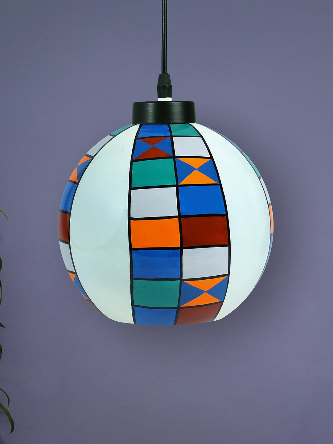 POSH-N-PLUSH Blue & Orange Globe Glass Hand Painted Hanging Lamp