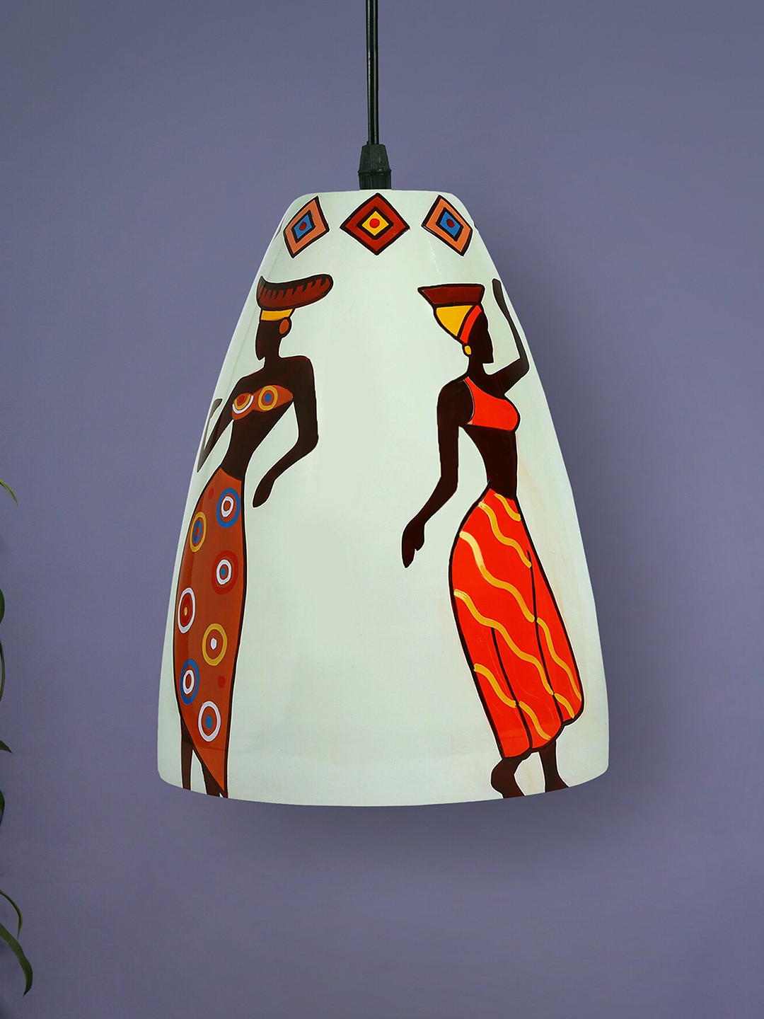 POSH-N-PLUSH White & Orange Folk Art Glass Hand Painted Hanging Lamp