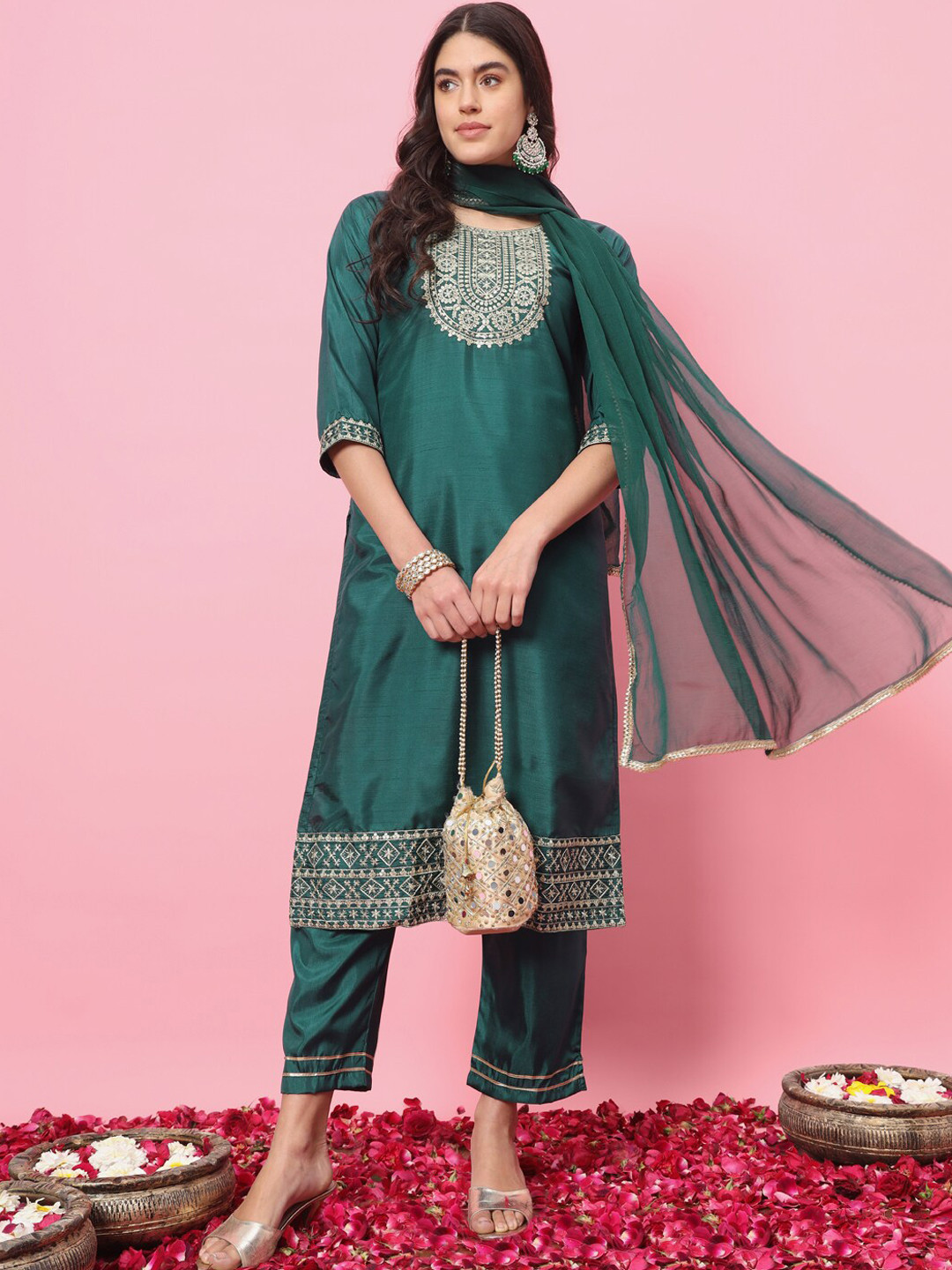 VredeVogel Floral Embroidered Yoke Design Sequinned Straight Kurta with Trouser & Dupatta