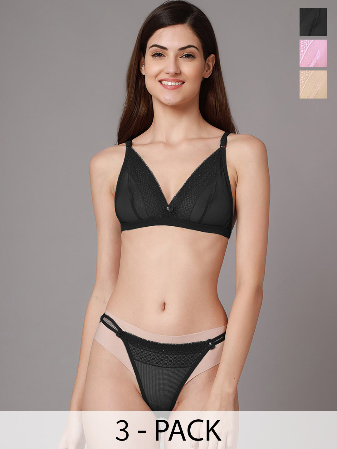AROUSY Pack Of 3 Laced Cotton Lingerie Set Baby Set_Pink,Black,Brown