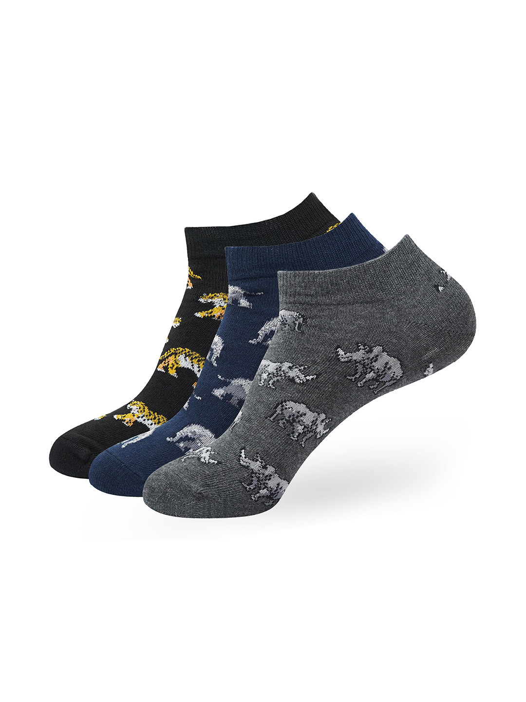 Socksxpress WWF Men Pack of 3 Tiger, Elephant, Rhino Patterned Cotton Ankle Socks
