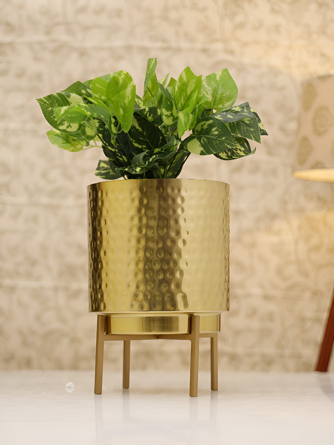 HomeShastra Gold Toned Ember Textured Metal Planter With Stand