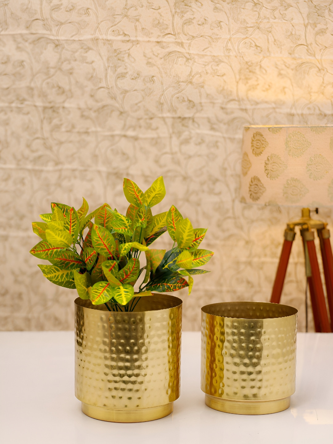 HomeShastra Dew Gold Toned 2 Pieces Textured Metal Planters