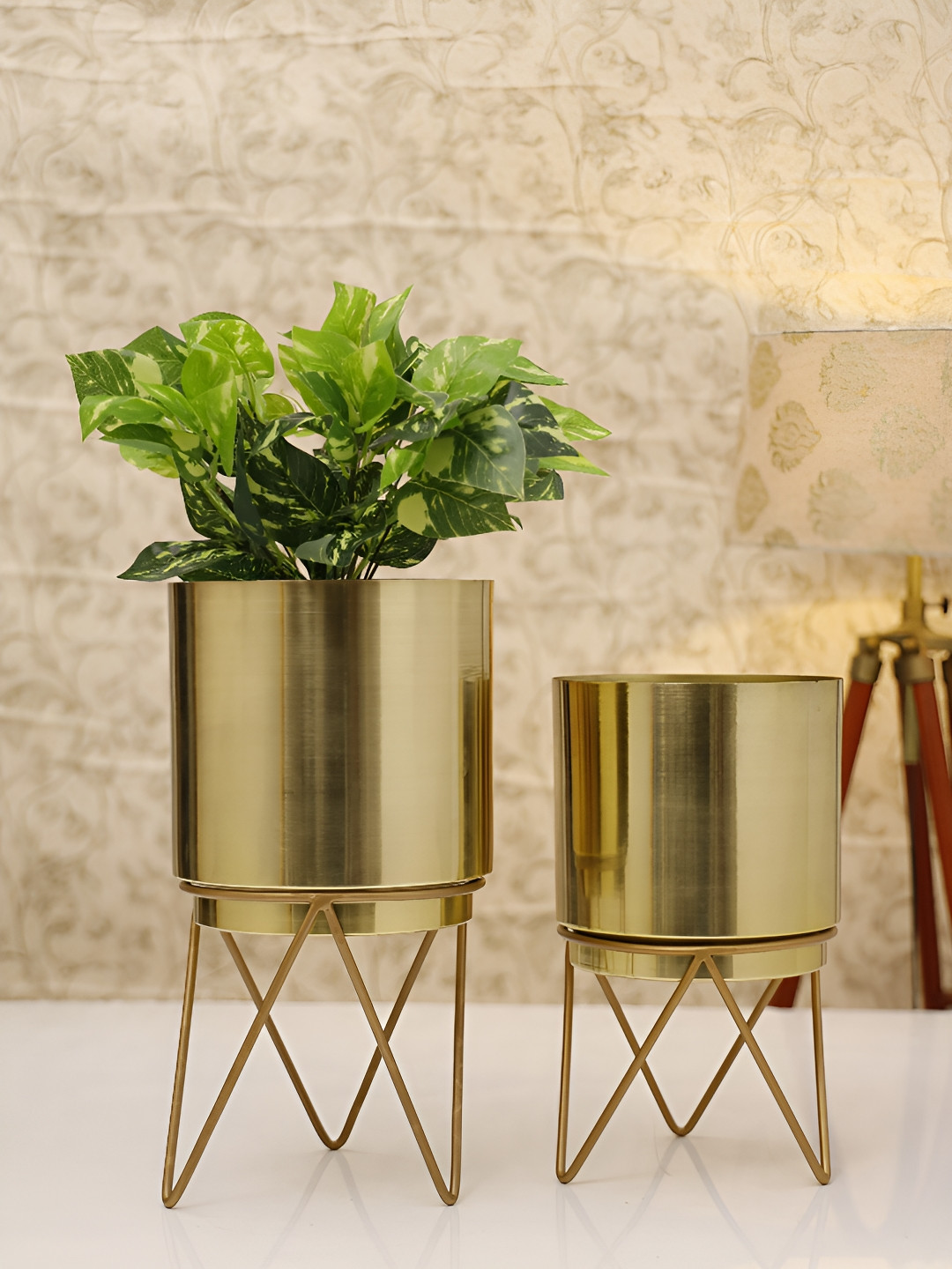 HomeShastra Elle Gold Toned 2 Pieces Beige Iron Planters With Stand