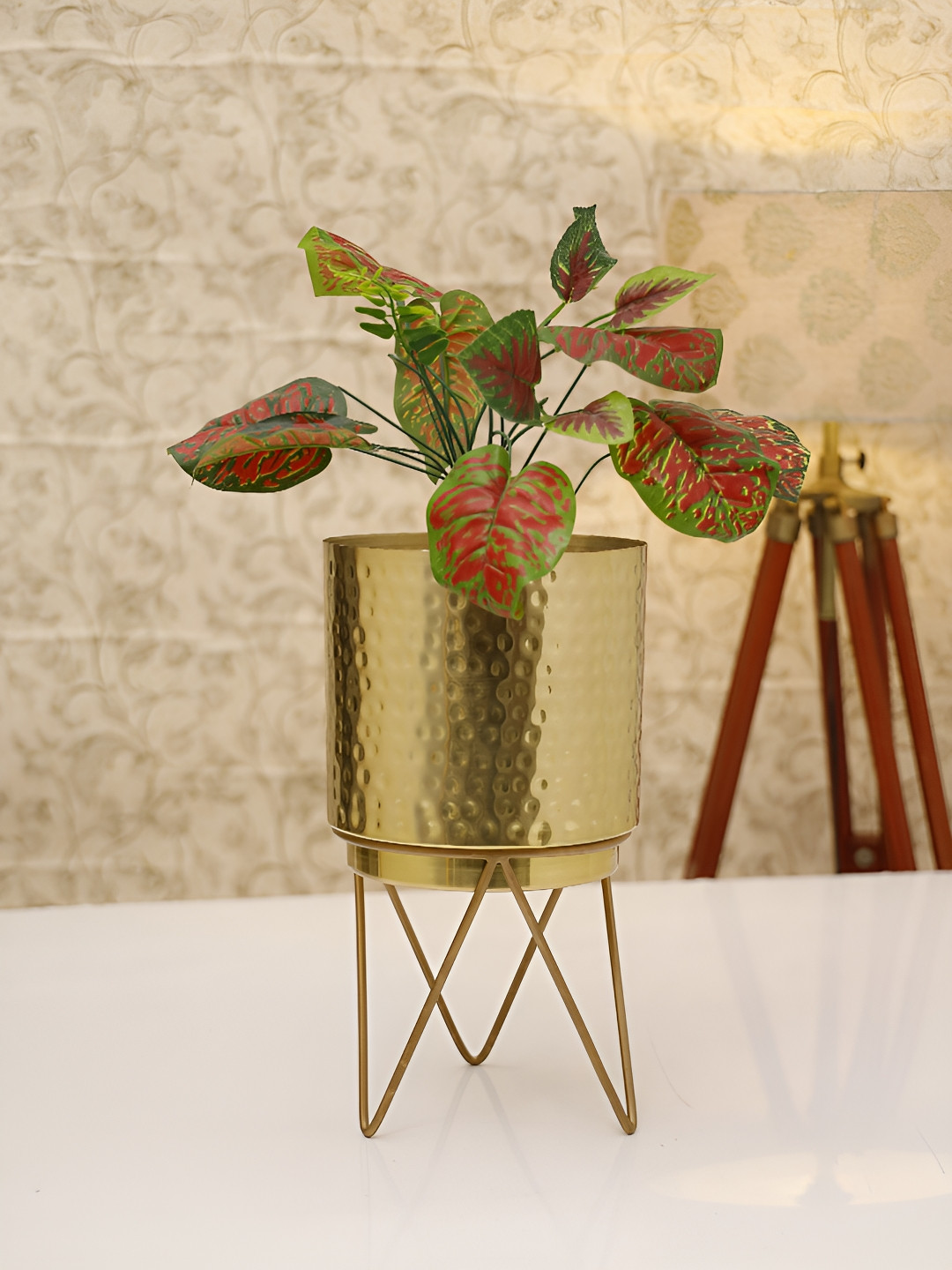 HomeShastra Elle Gold Toned Textured Metal Planter With Stand