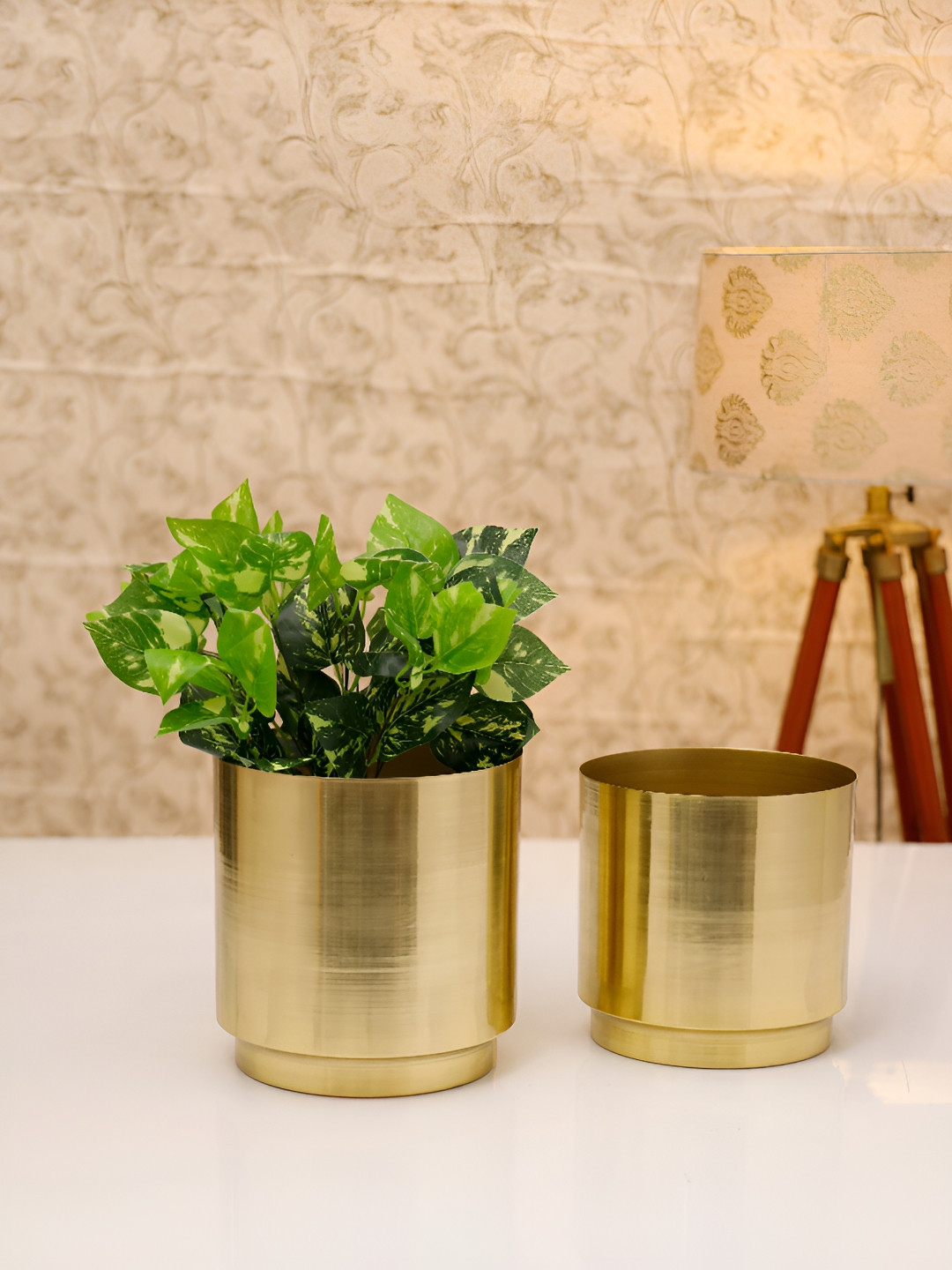HomeShastra Dew Gold Toned 2 Pieces Glossy Metal Planter