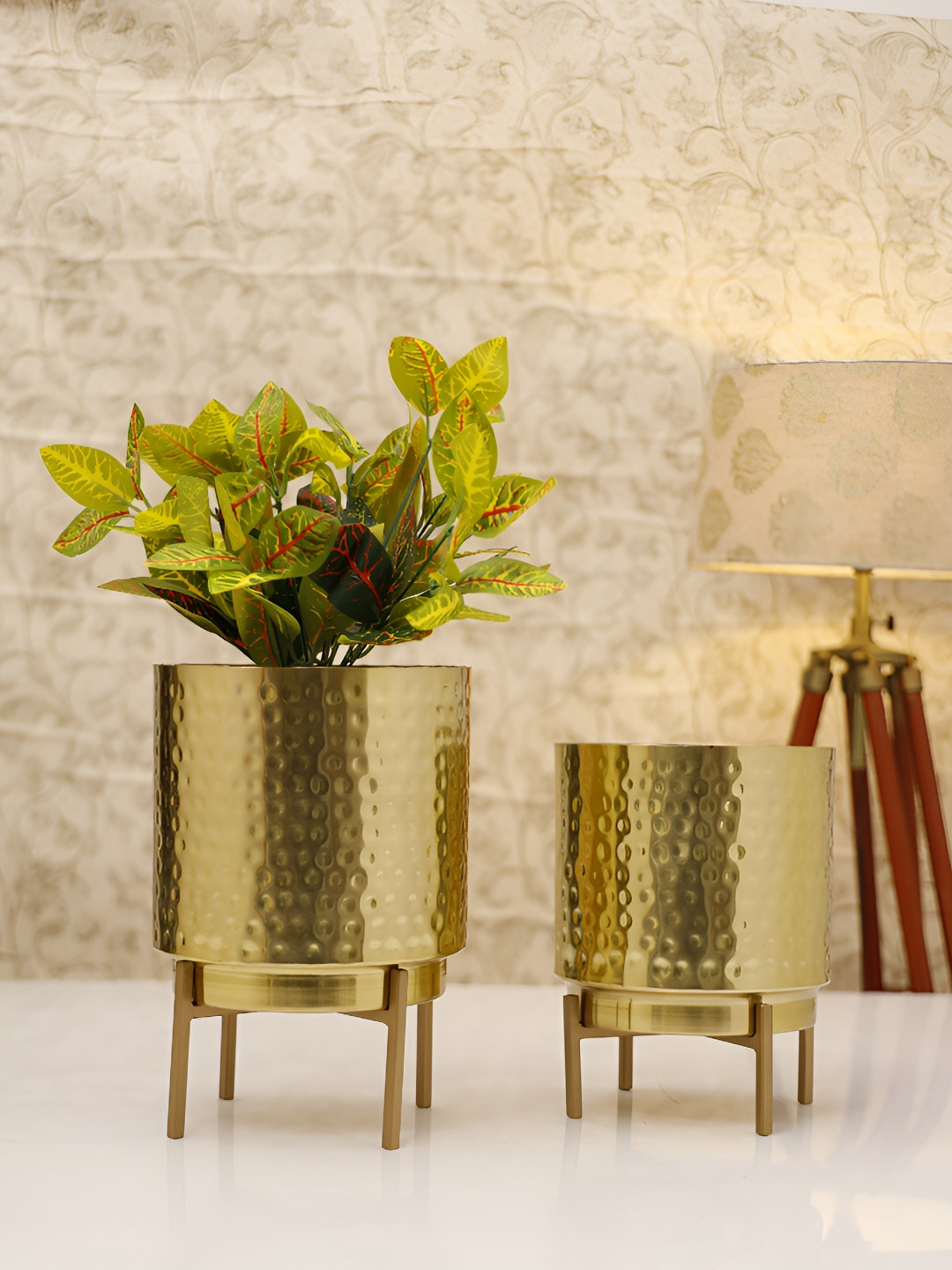 HomeShastra Ember Gold 2 Pieces Textured Metal Planters With Stands