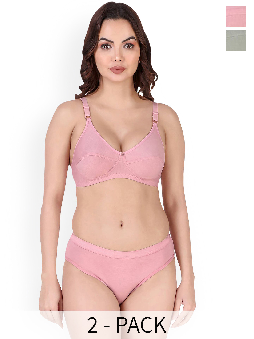 AROUSY Pack of 2 Non Padded Cotton Lingerie Set Rinki Set_Pink,Green
