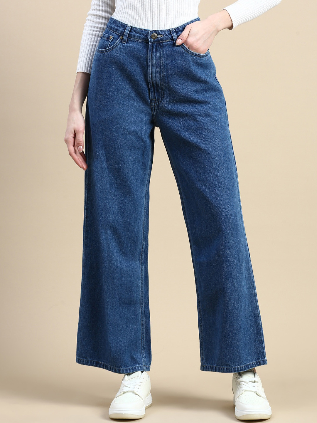 De Moza Women Wide Leg High Rise Clean Look Cropped Jeans