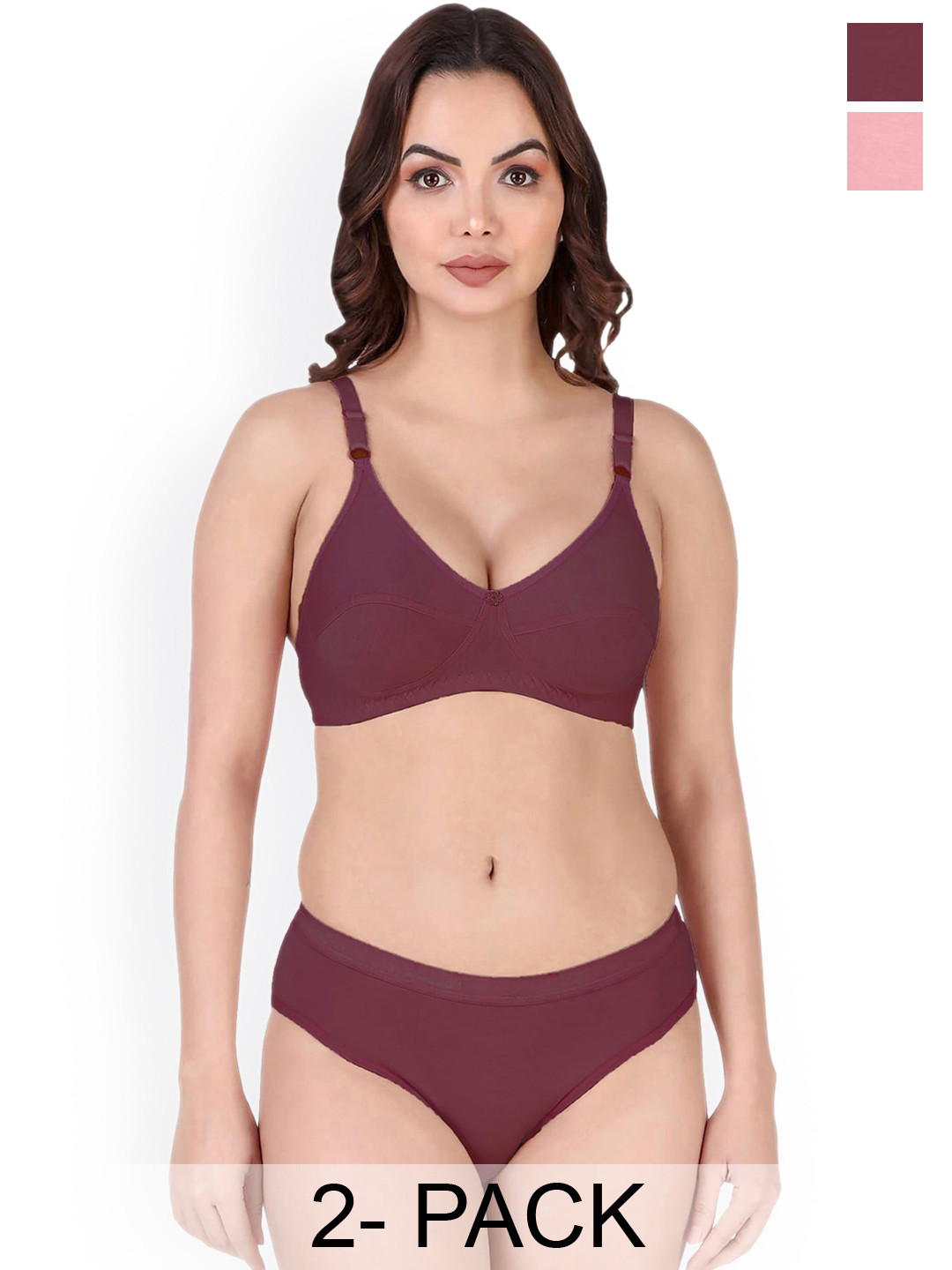 PIBU Pack Of 2 Cotton Lingerie Set F_Rinki Set_Pink,Maroon