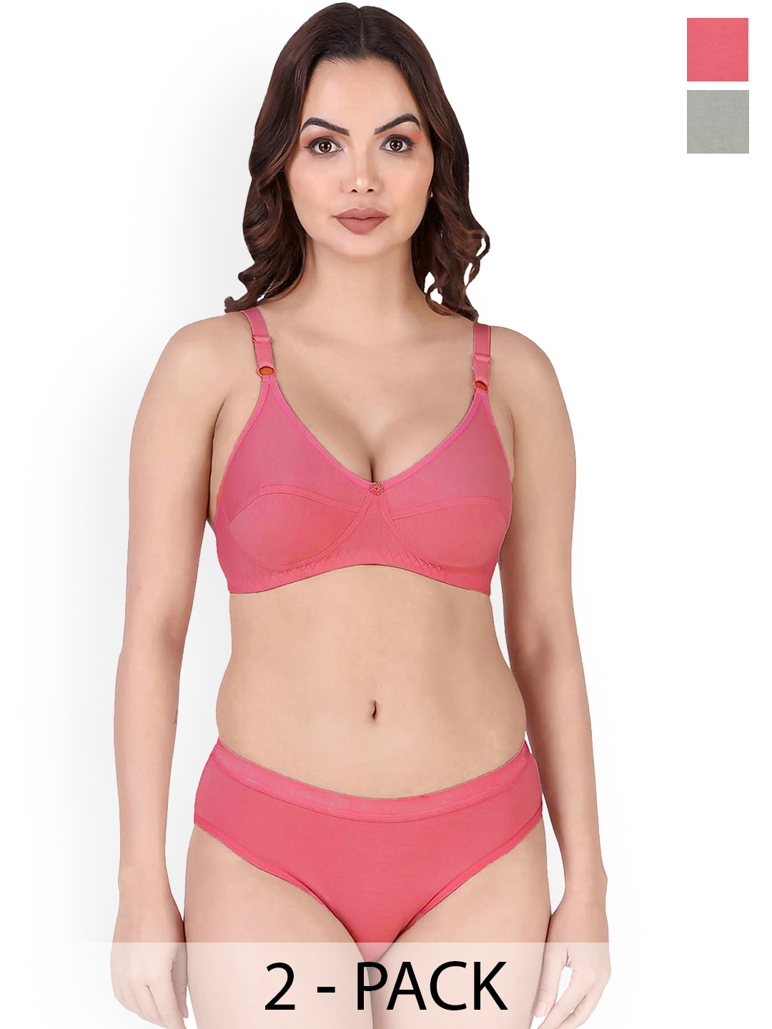 PIBU Pack Of 2 Cotton Lingerie Set F_Rinki Set_Red,Green