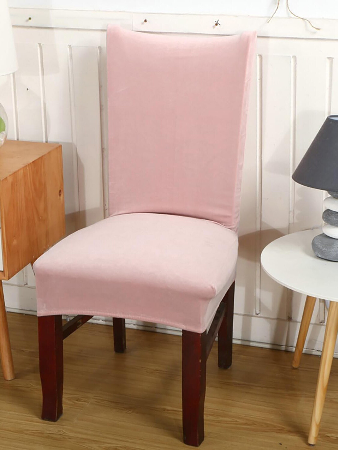 HOUSE OF QUIRK Pink Velvet Stretchable Dining Table Chair Cover