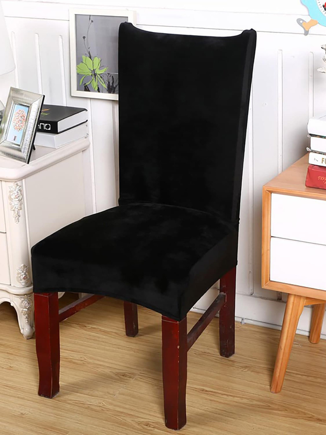HOUSE OF QUIRK Black Velvet Stretchable & Removable Dining Table Chair Covers