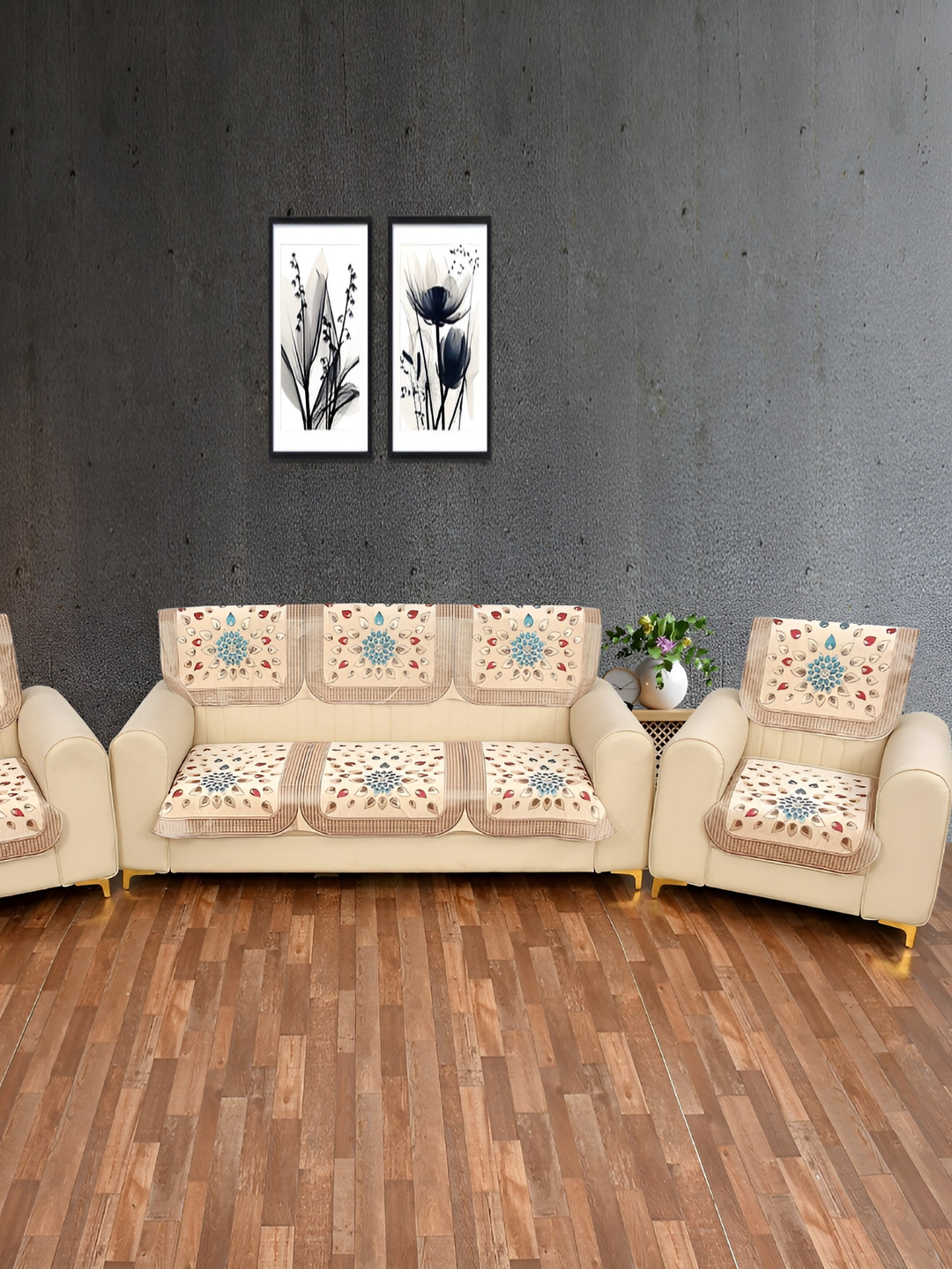 MULTITEX Beige & Blue Self Design Velvet 5 Piece Sofa Cover