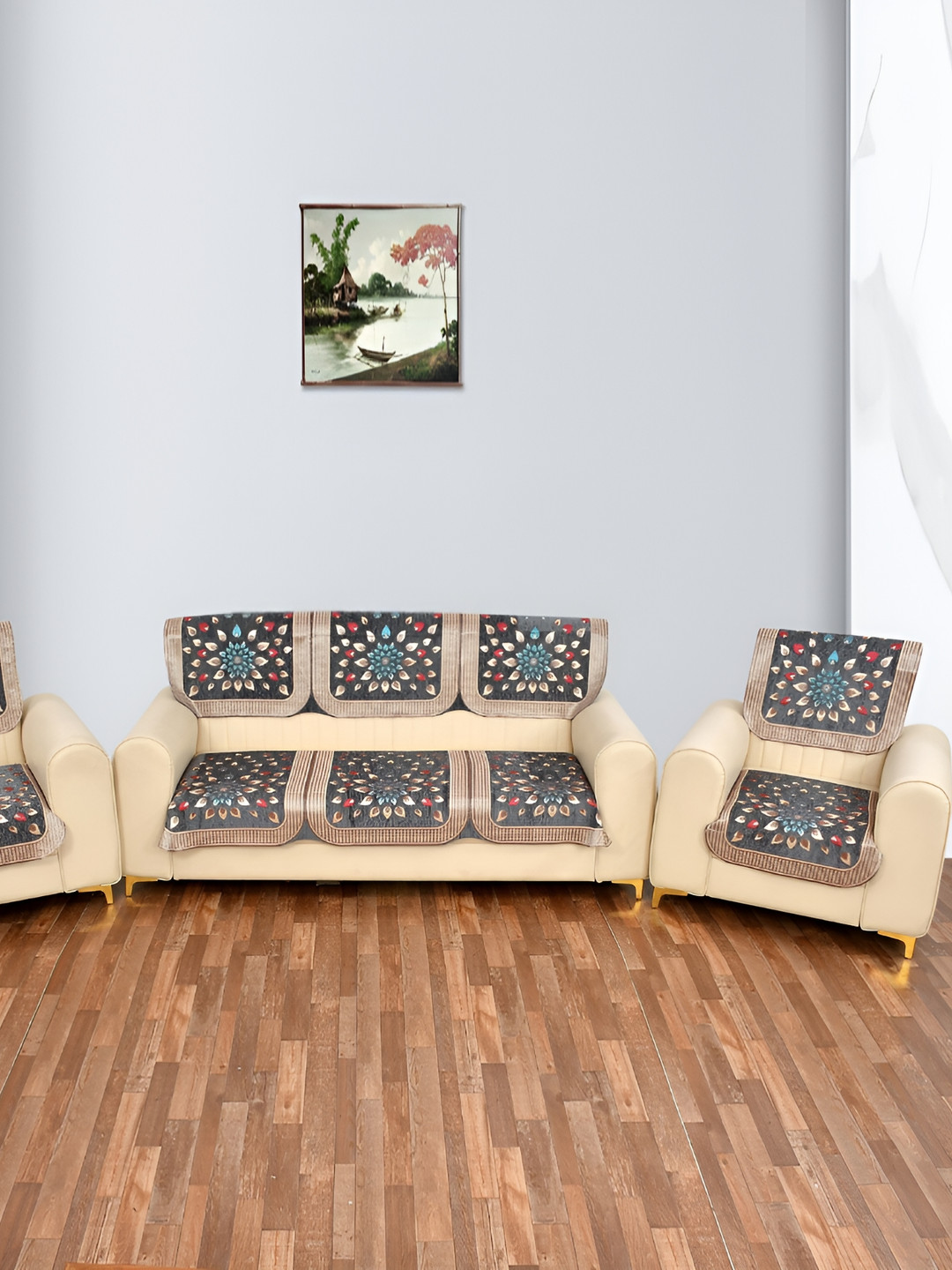 MULTITEX Green & Blue Printed Velvet 5 Piece Sofa Cover