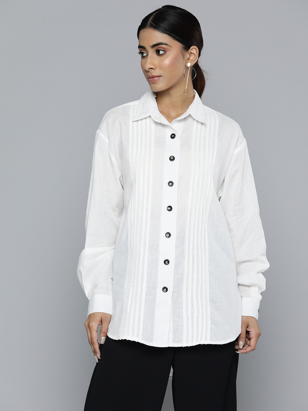 SCOUP Women Solid Pleated Casual Shirt