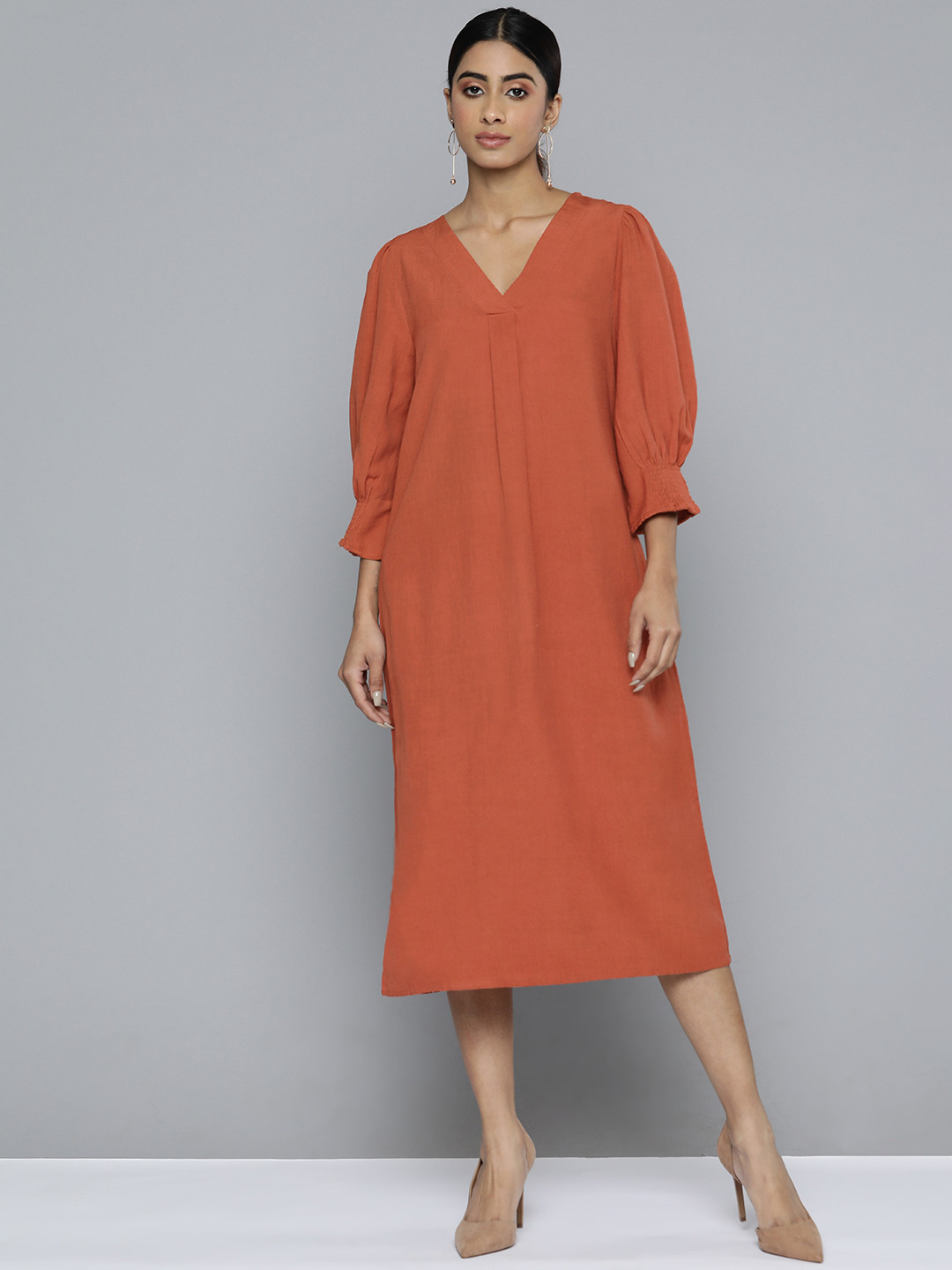 SCOUP Solid Puff Sleeve Linen A-Line Midi Dress