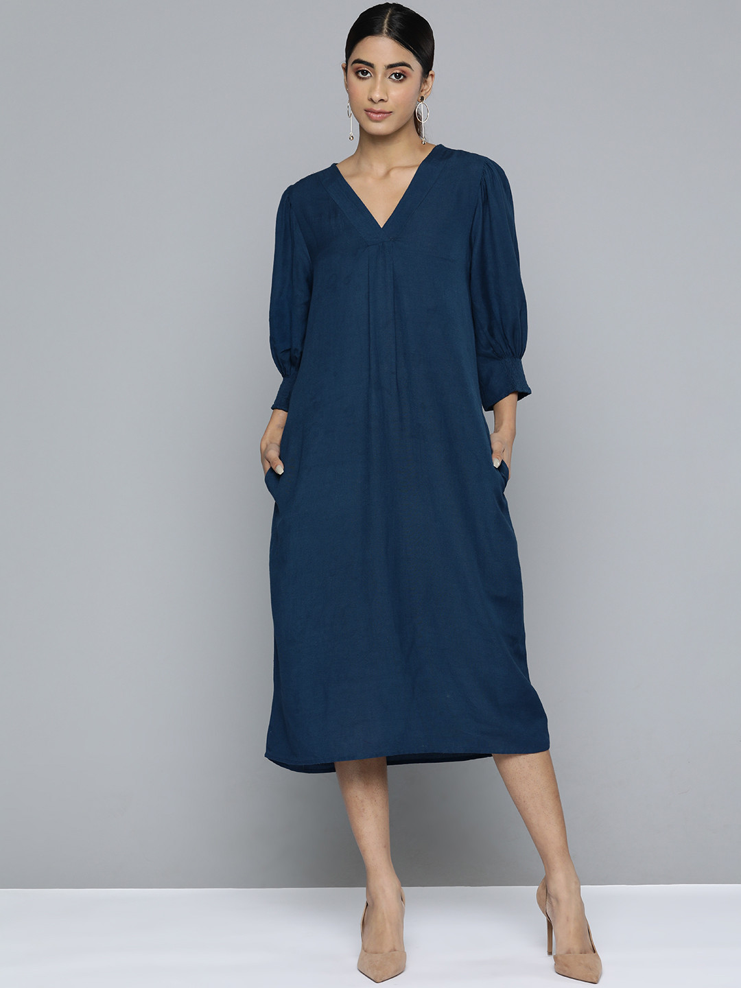 SCOUP Solid Puff Sleeve Linen A-Line Midi Dress