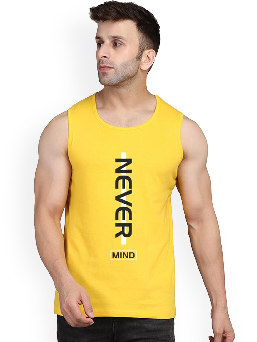 SLOWLORIS Typography Printed Combed Cotton Gym Innerwear Vests SL26 NEVER YELLOW