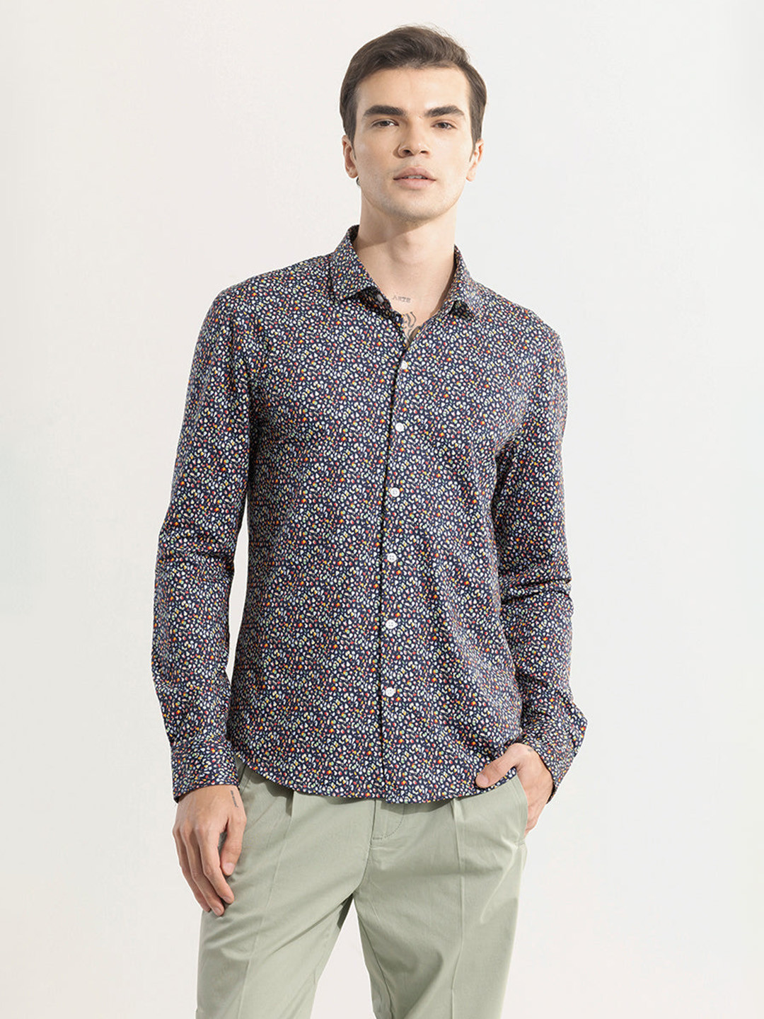 Snitch Blue Classic Slim Fit Micro Ditsy Printed Spread Collar Cotton Casual Shirt