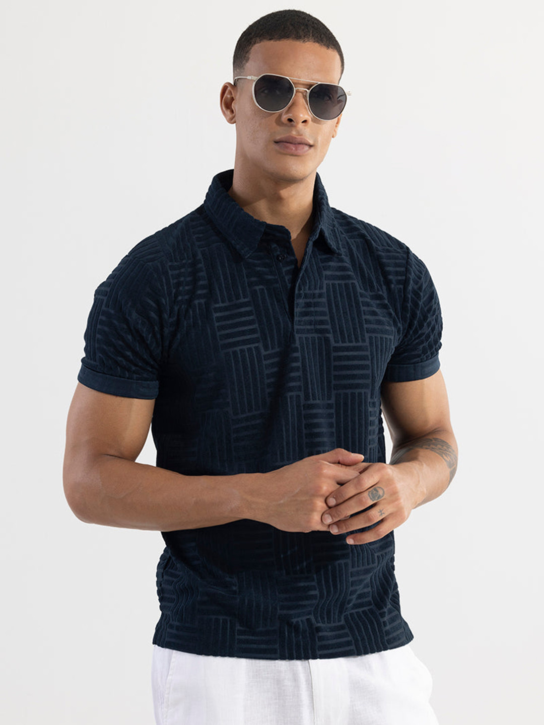 Snitch Navy Blue Self Design Polo Collar Slim Fit T-shirt