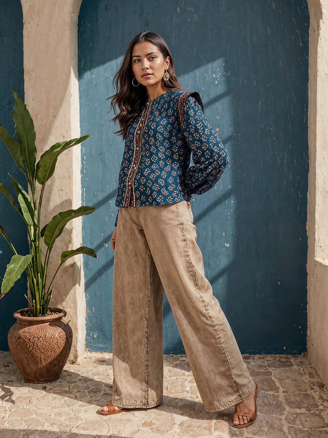 H&M Pure Cotton Full Sleeve Ajrakh Print Top - Tops for Women 27474202 | Myntra