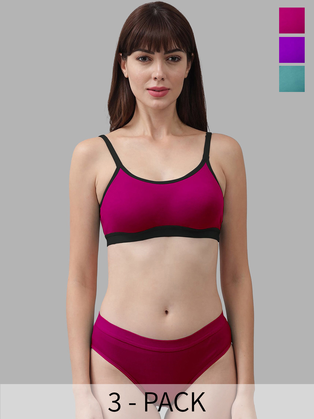 Aamarsh Pack Of 3 Comfortable Mid-Rise Cotton Bra Panty Lingerie Set
