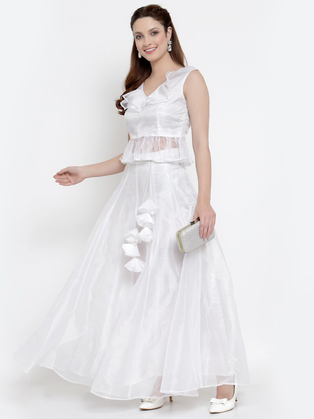 NEUDIS V-Neck Sleeveless Organza Net Ready To Wear Lehenga Choli