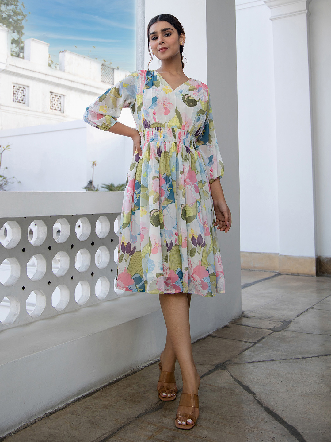 Janasya Women's Multicolour Georgette Floral Fit & Flare Dress
