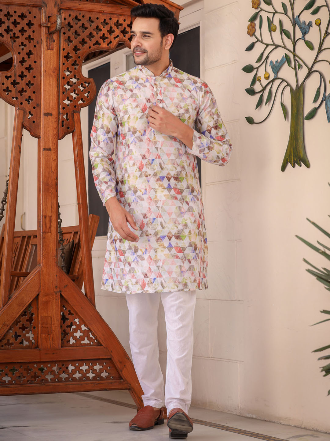 Aanys Culture Geometric Printed Mandarin Collar Long Sleeves Straight Kurta