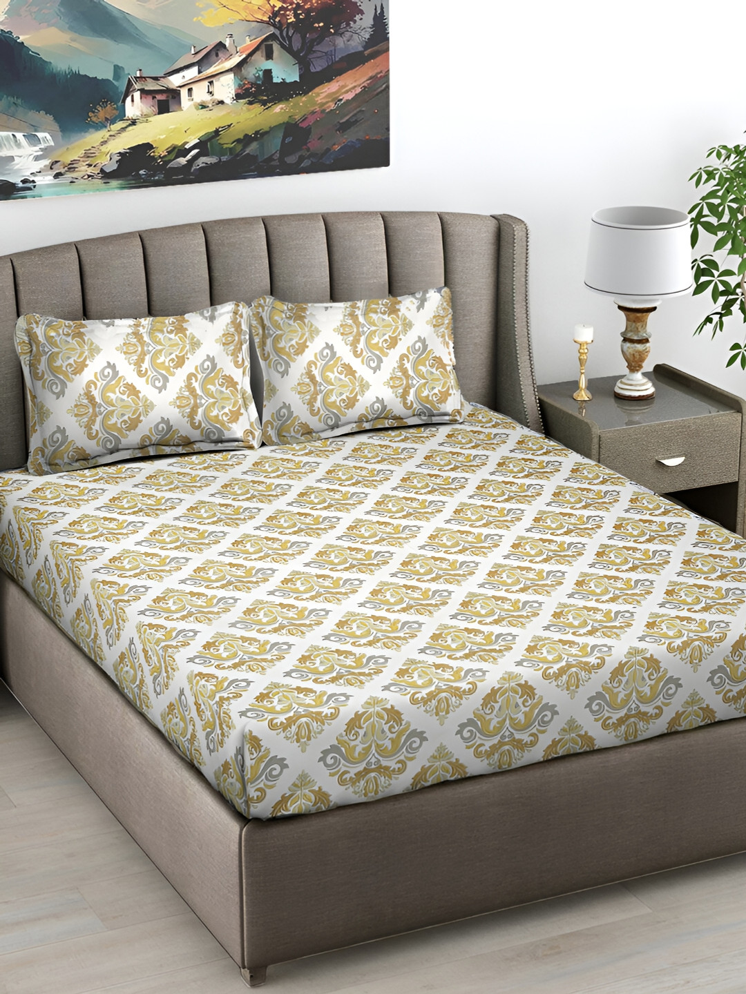 FABINALIV Green Ethnic Motifs Polycotton 300 TC King Fine Bedsheet with 2 Pillow Covers-98 x 89 inches