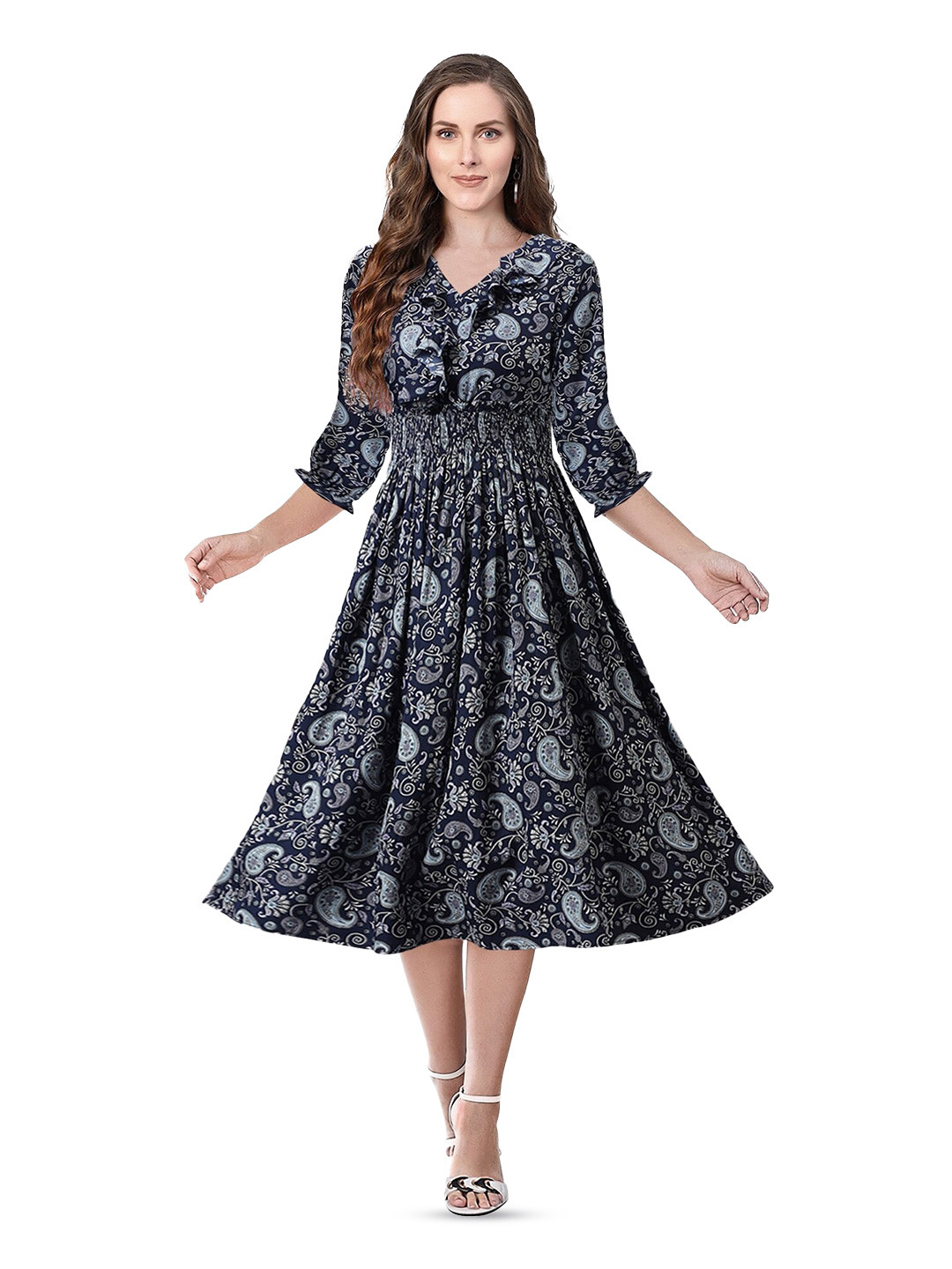BAESD Paisley Printed V-Neck Gathered Detailed Fit & Flare Midi Dress