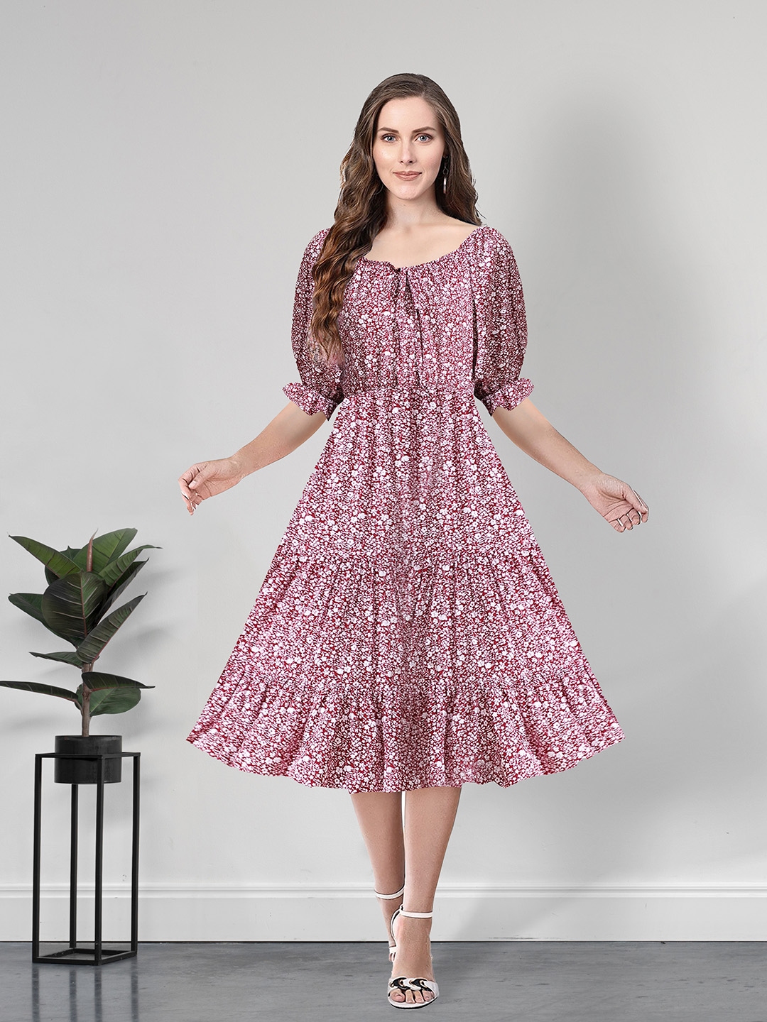 BAESD Floral Printed Round Neck Puff Sleeves Gathered Tiered Fit & Flare  Midi Dress