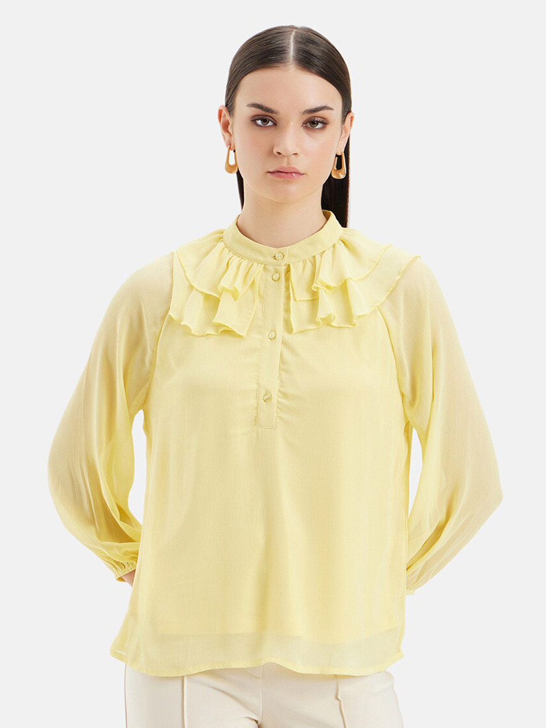 Kazo High Neck Cuffed Sleeves Ruffles A-Line Chiffon Top