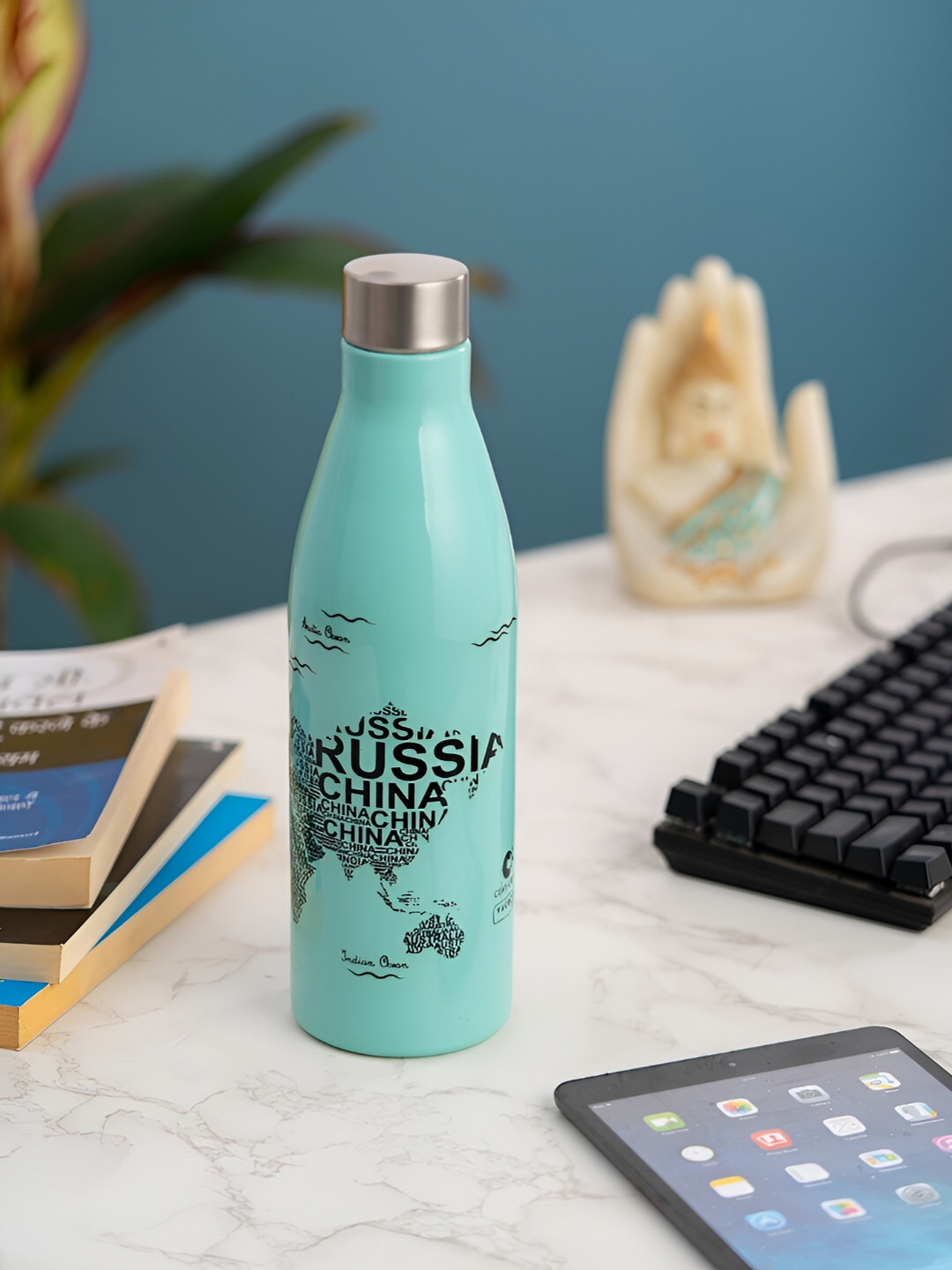 CLAY CRAFT Vacbott Turquoise Blue Typography Stainless Steel Spill Proof Flask - 1.1L