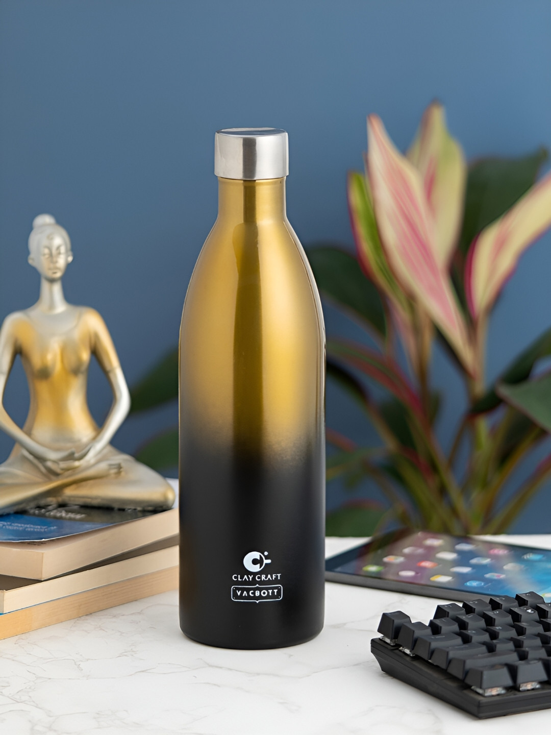 CLAY CRAFT Black & Mustard Brand Logo Double Wall Vacuum Water Bottle 1l