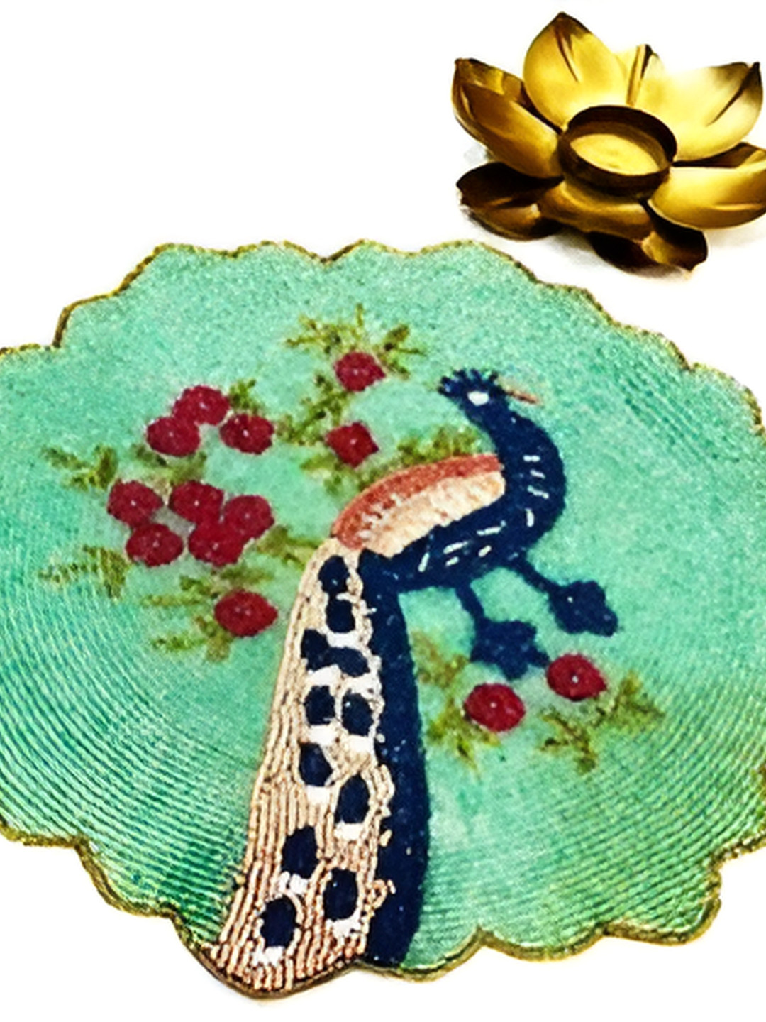 YWULY Green & Blue Peacock-Motif Embellished Glass-Beaded Dining Table Placemat
