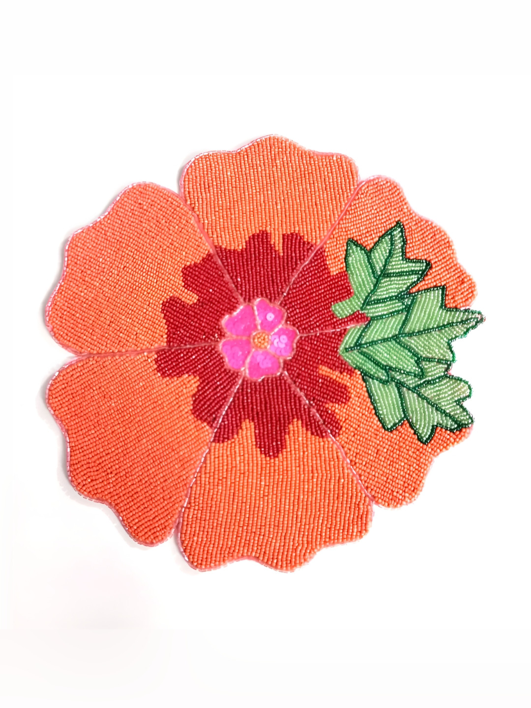 YWULY Peach & Green Embellished Glass-Beaded Floral Dining Table Placemat